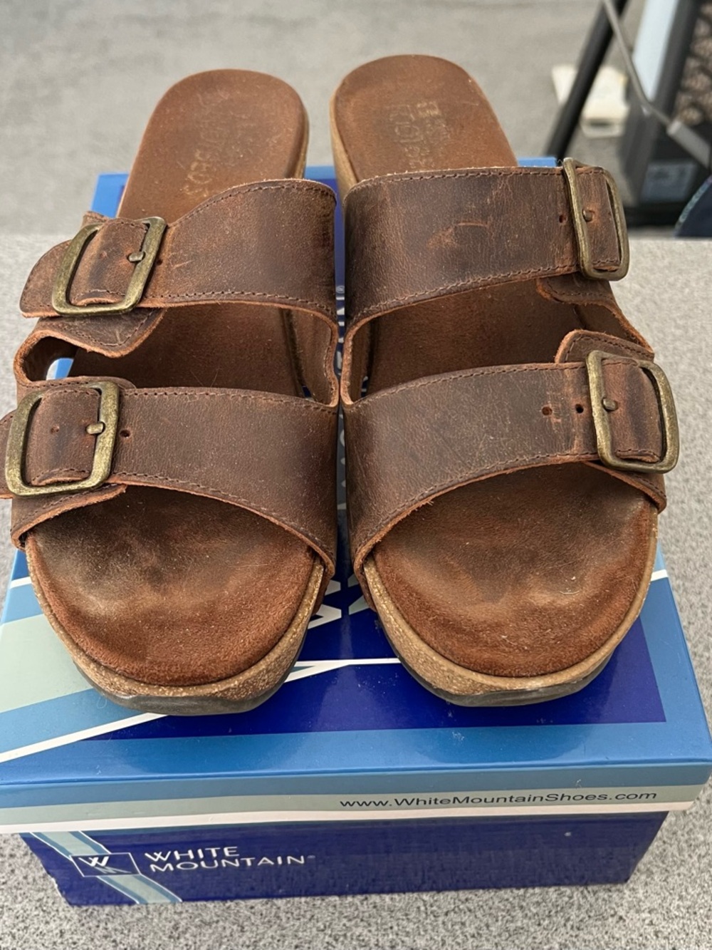 White Mountain Brown oiled leather. Double Buckle Slide Sandals